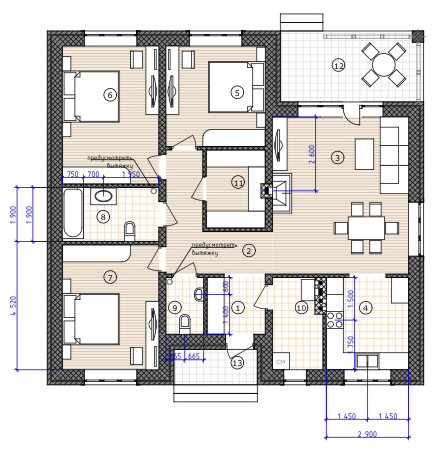 Реализованный проект: одноэтажный частный дом 122 м2 с мансардой и террасой планировка